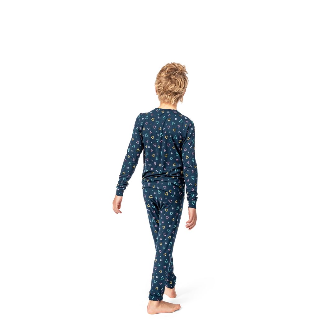 Boy wearing Geo Kids Bamboo PJs in navy, back view
