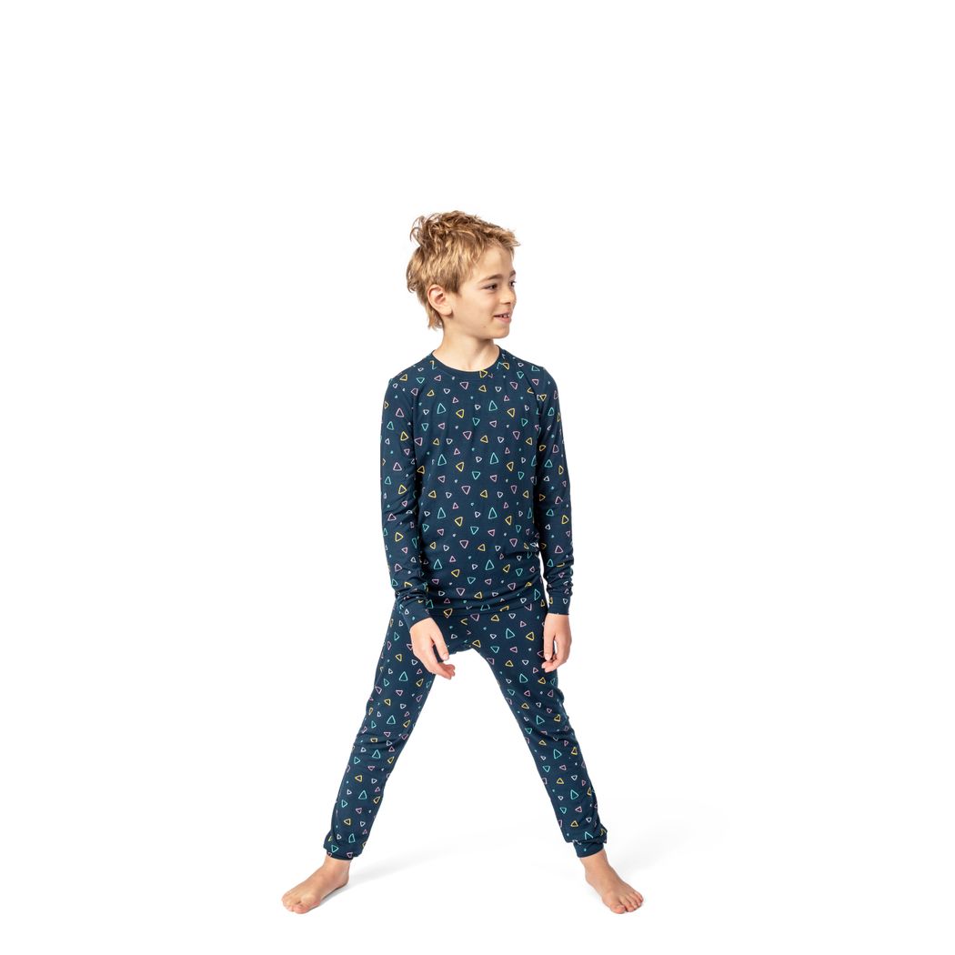 Boy wearing Geo Kids Bamboo PJs in navy, front view