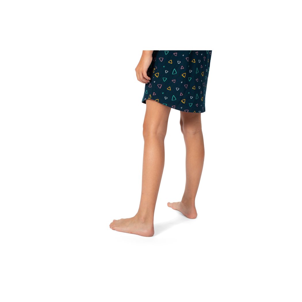 Close-up detail of girl wearing Geo Kids Snuggle Dress in navy