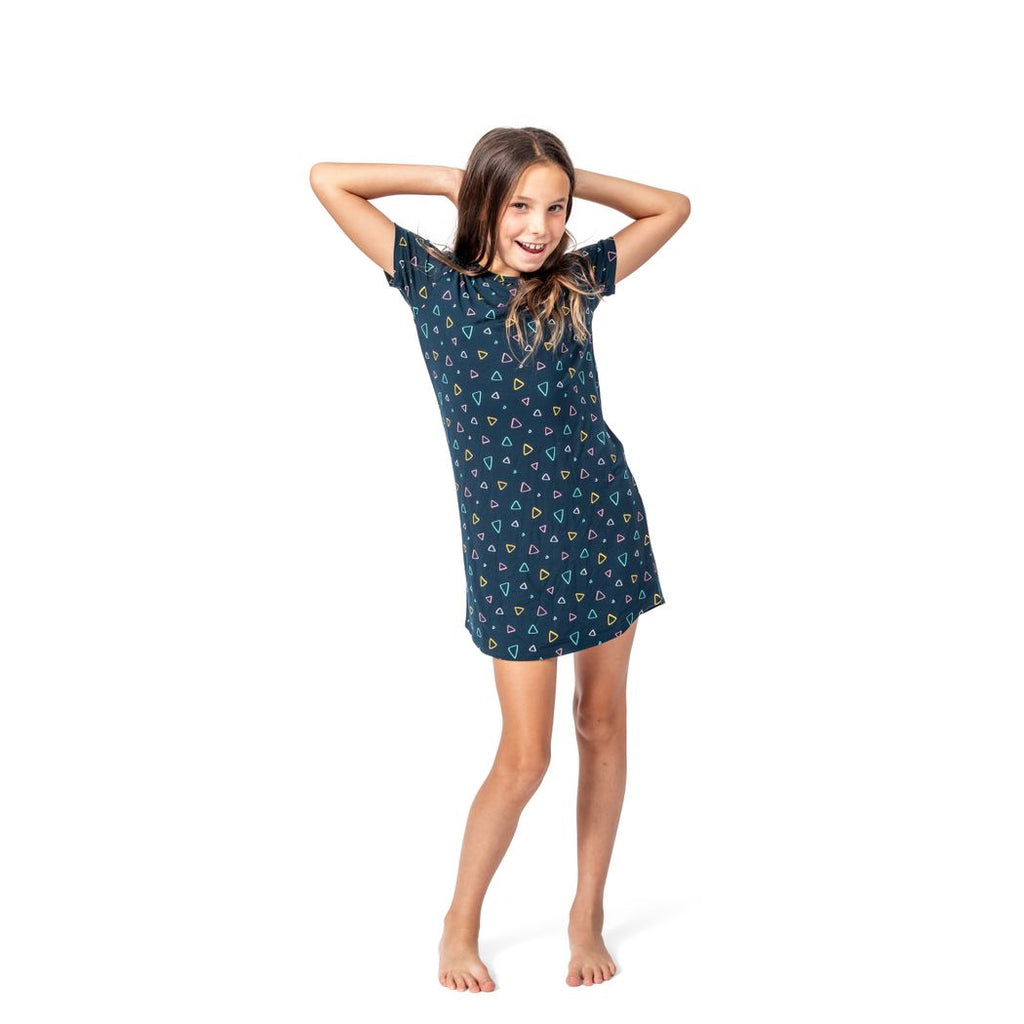 Girl wearing Geo Kids Snuggle Dress in navy, front view