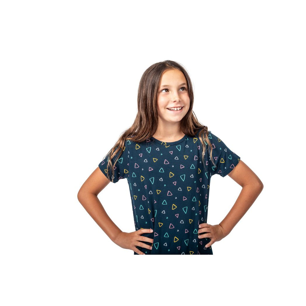Girl wearing Geo Kids Snuggle Dress in navy, front view