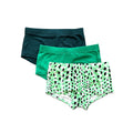 Cactus Girls Underwear 3-pack: dark green, green and green dot boyshorts, laid flat