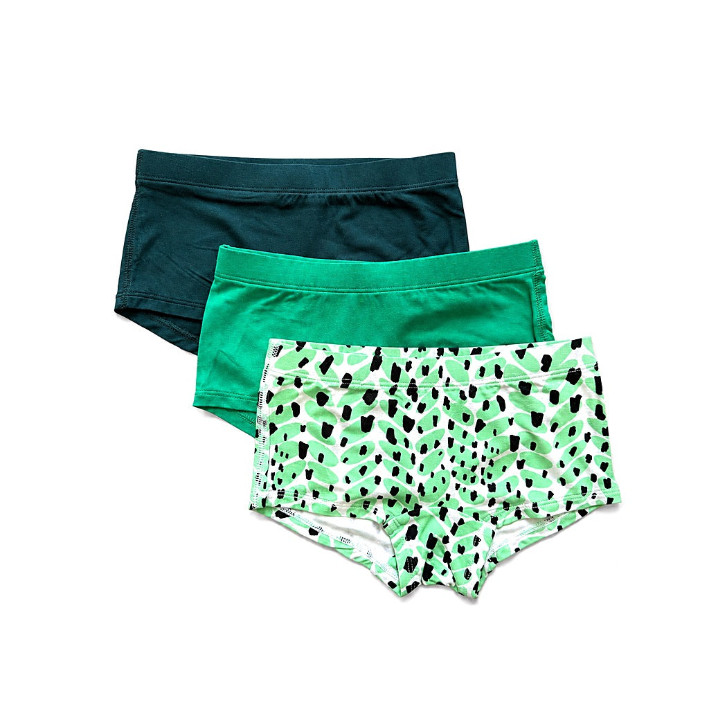 Cactus Girls Underwear 3-pack: dark green, green and green dot boyshorts, laid flat