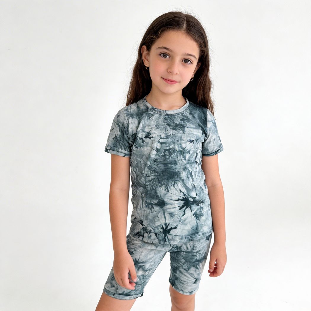 Girl wearing Green Tie Dye Bamboo Shorties PJ Set, front view