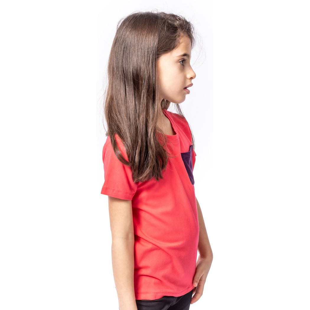 Girl wearing Hot Pink Kids T-Shirt, side view