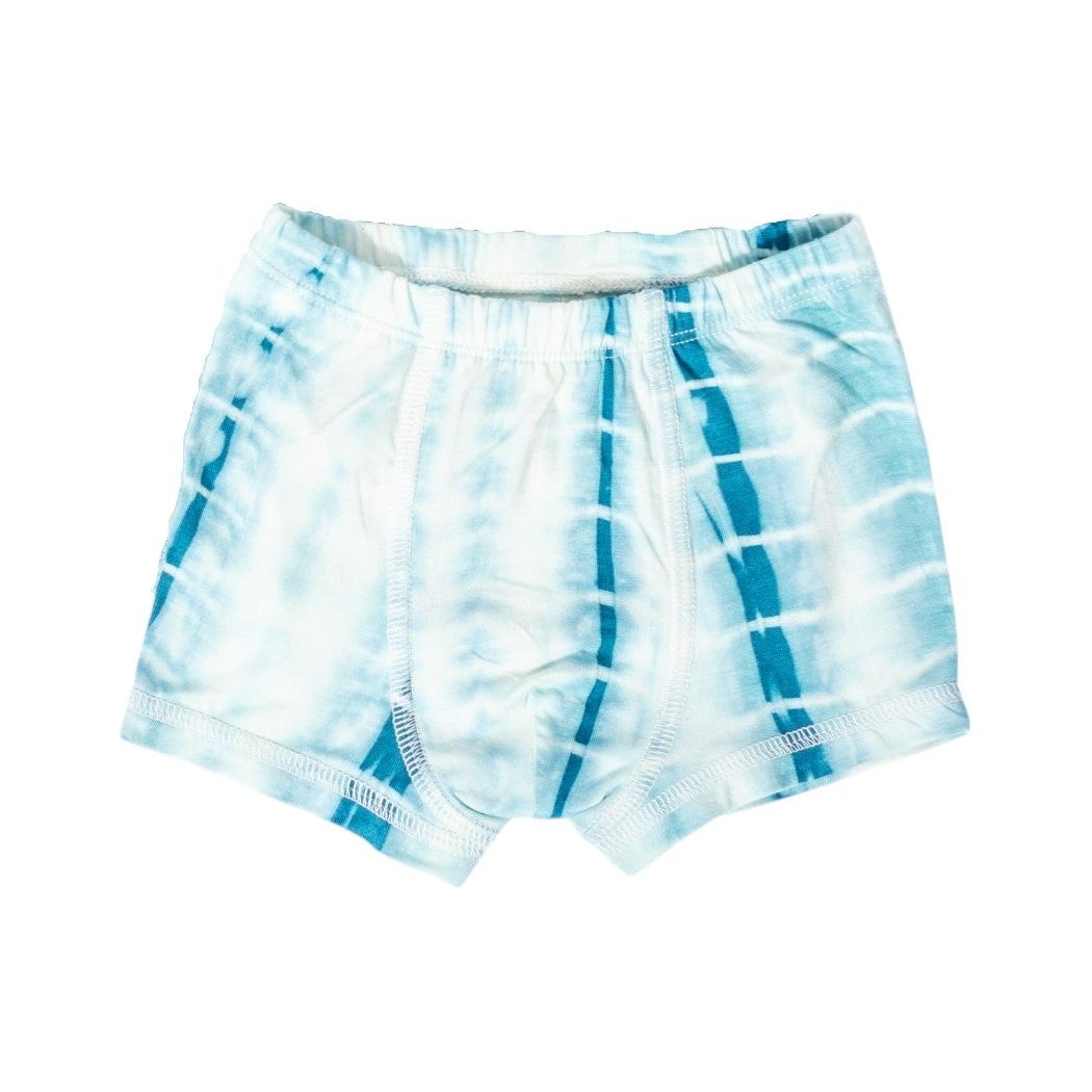 Ice Shibori Boys Underwear in blue laid flat on a white background
