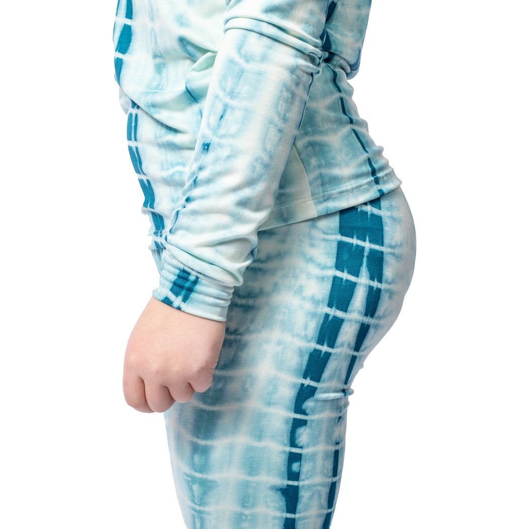 Close-up detail of child wearing Ice Shibori Kids Bamboo PJs in blue