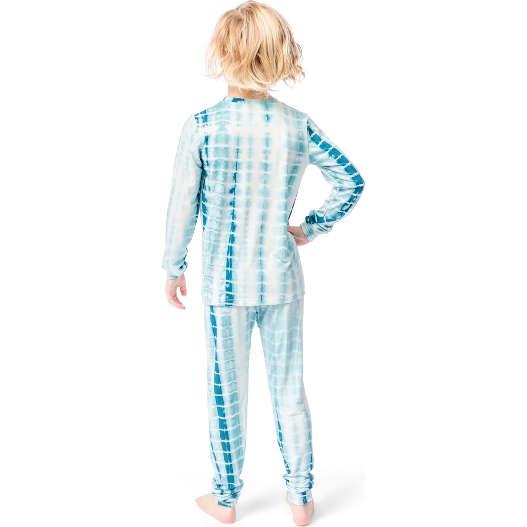 Boy wearing Ice Shibori Kids Bamboo PJs in blue, back view