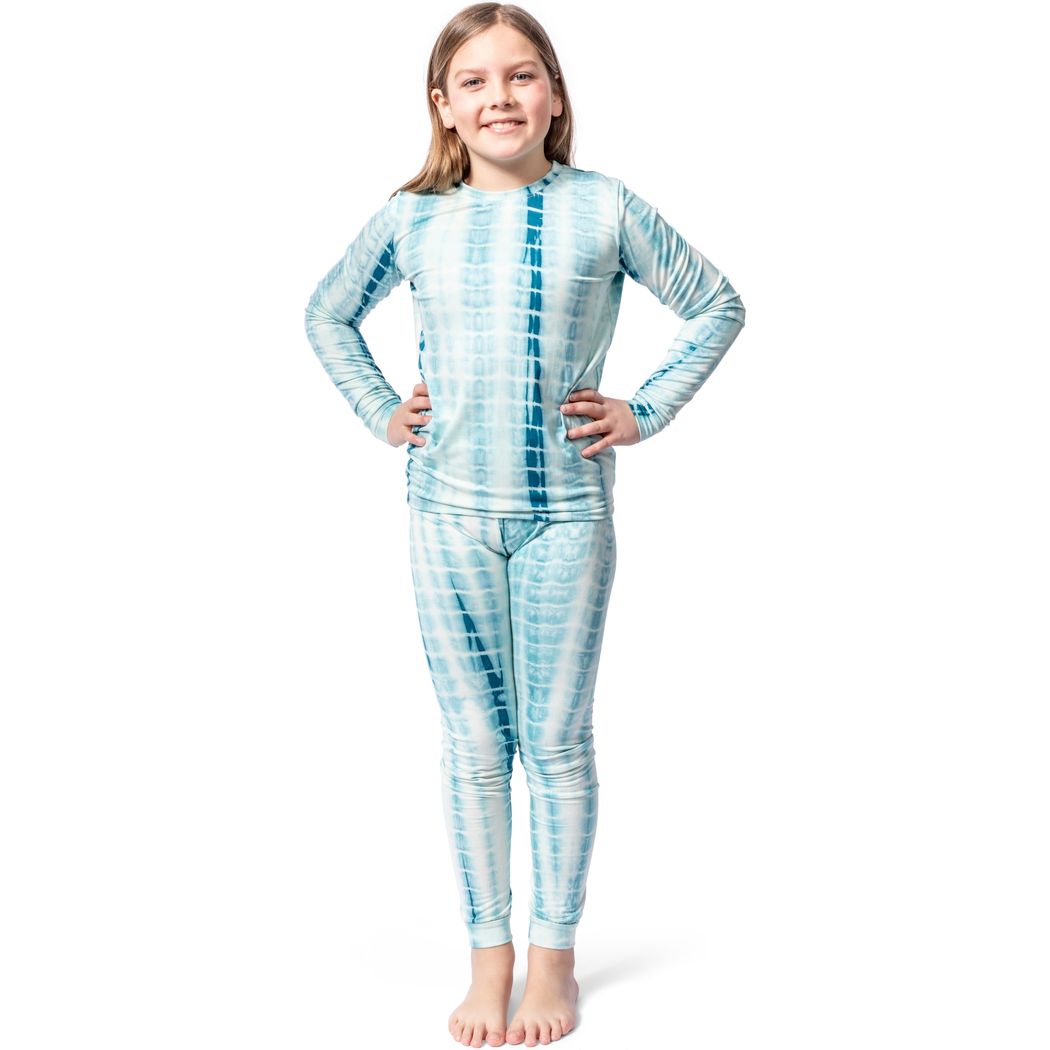 Girl wearing Ice Shibori Kids Bamboo PJs in blue, front view