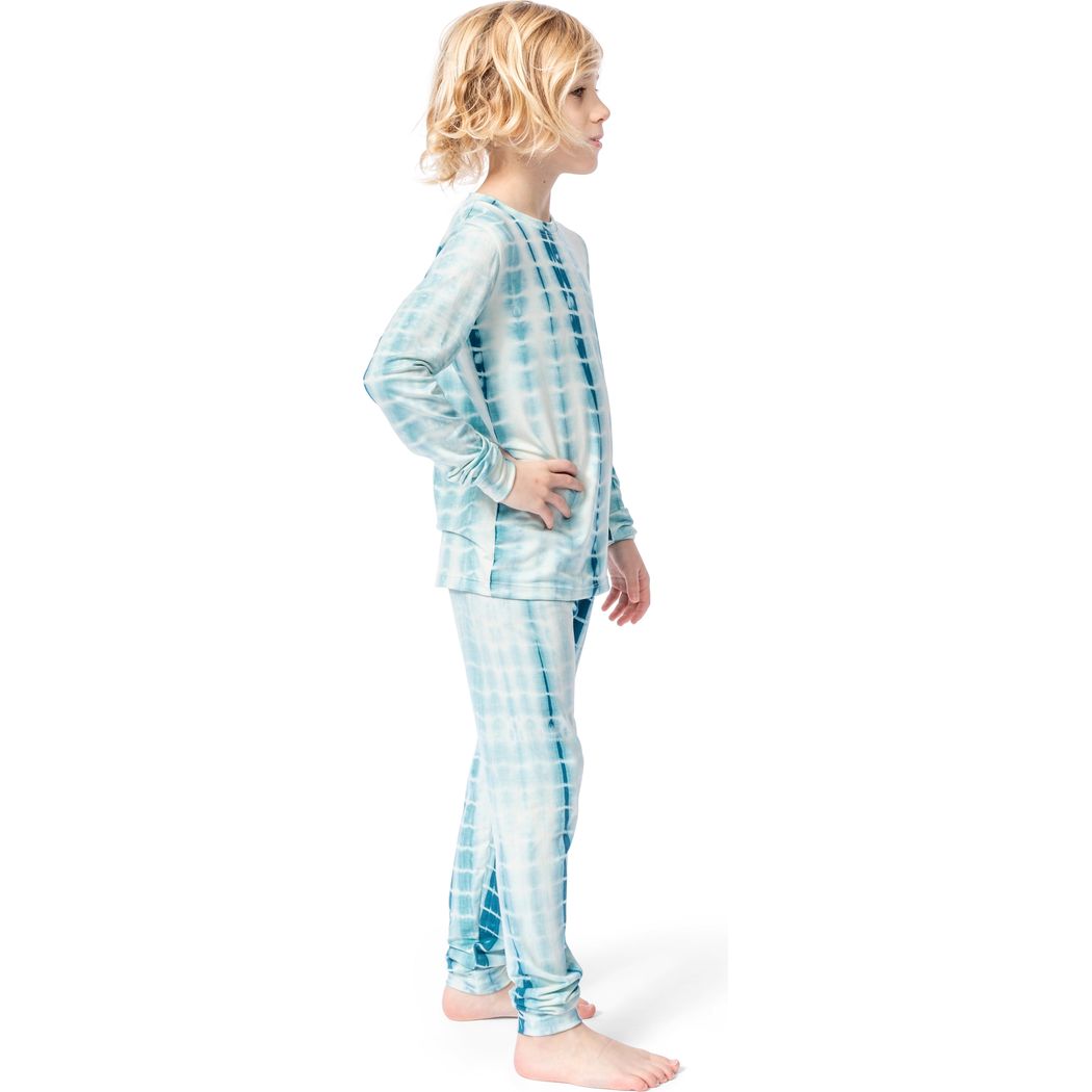 Boy wearing Ice Shibori Kids Bamboo PJs in blue, side view