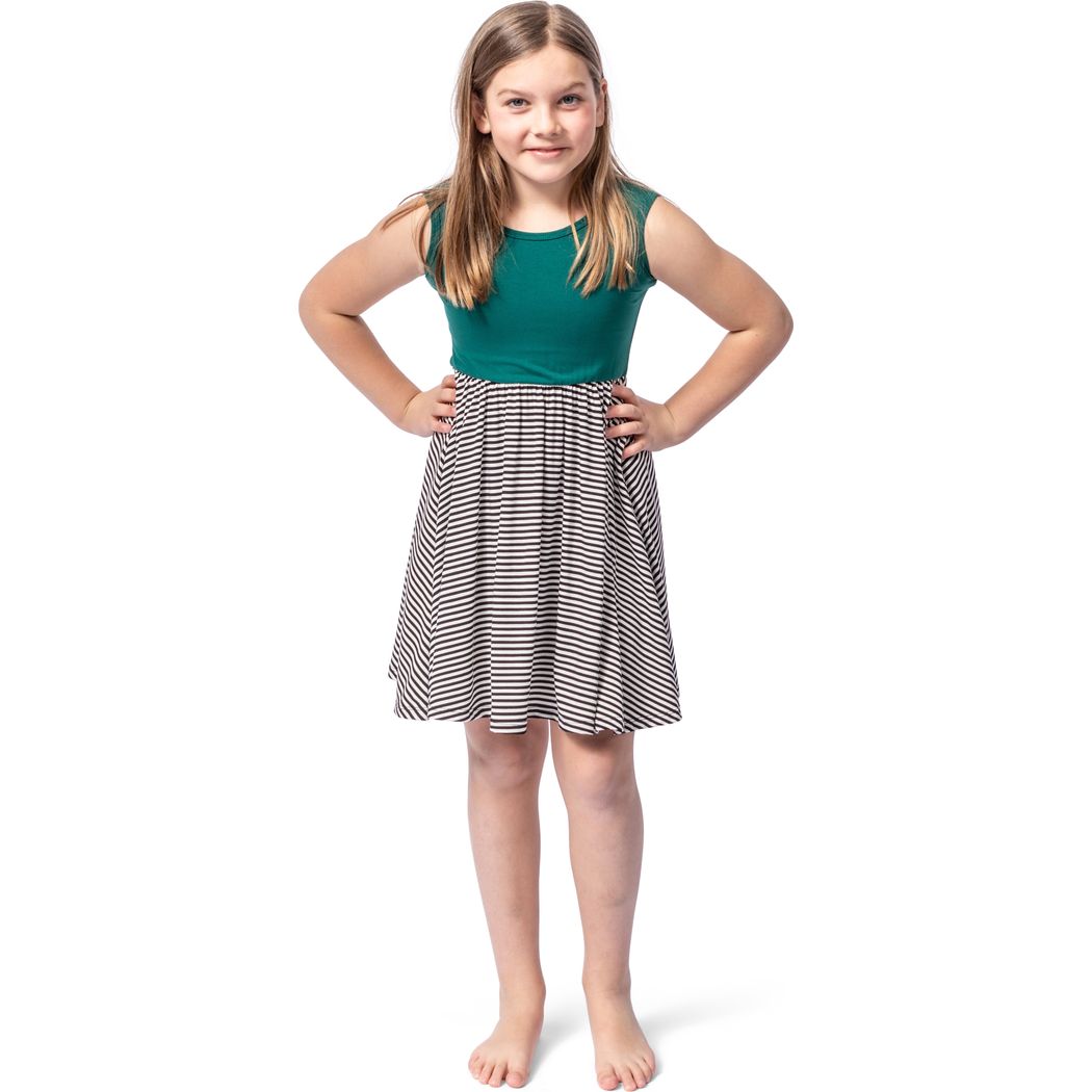 Girl wearing Lucky Stripe Tank Twirl Dress in green, front view
