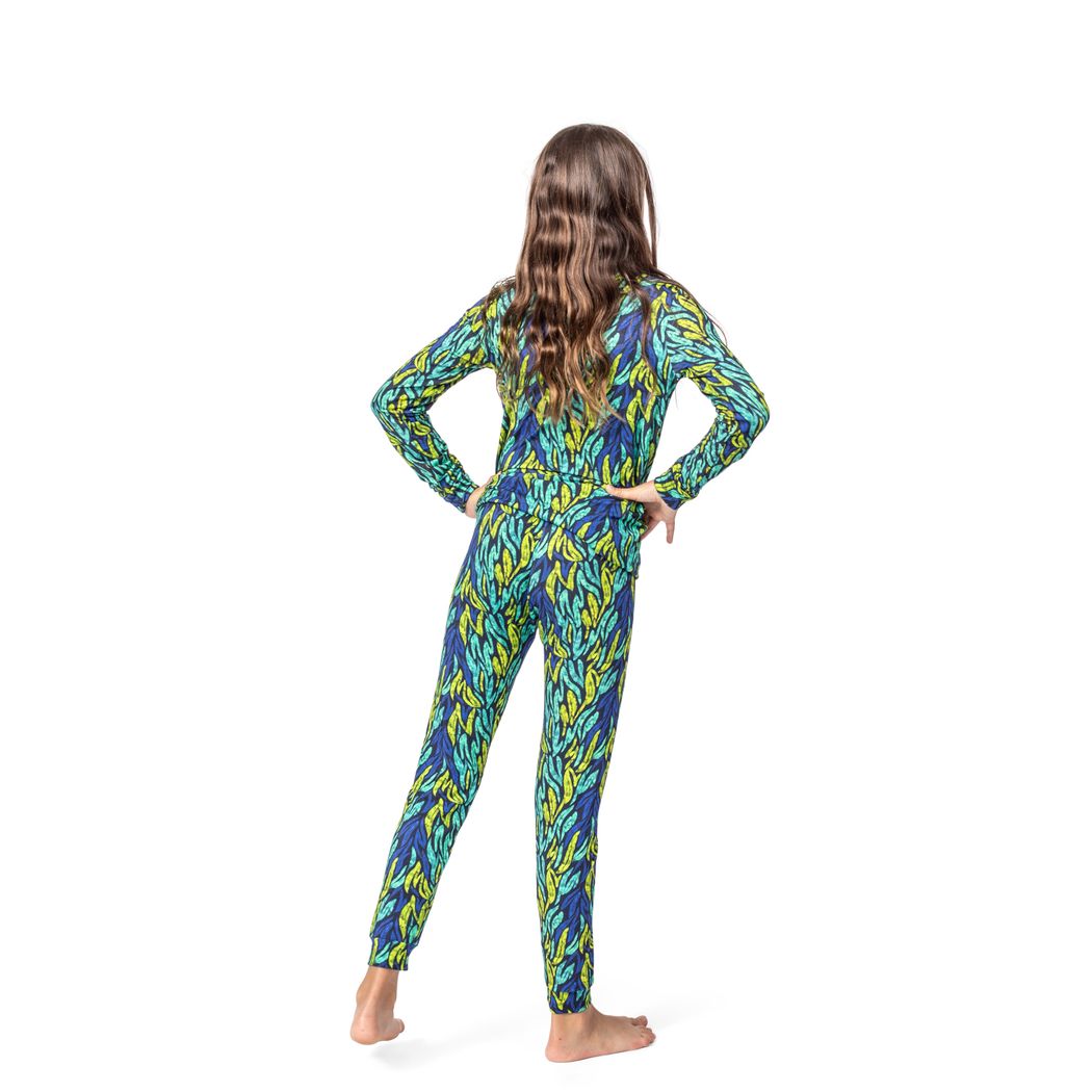 Girl wearing Midnight Jungle Kids Bamboo PJs in green, back view