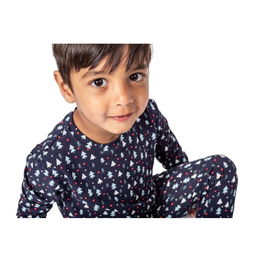 Close-up detail of boy wearing Midnight Pines Kids Bamboo PJs in navy