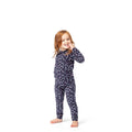 Girl wearing Midnight Pines Kids Bamboo PJs in navy, front view