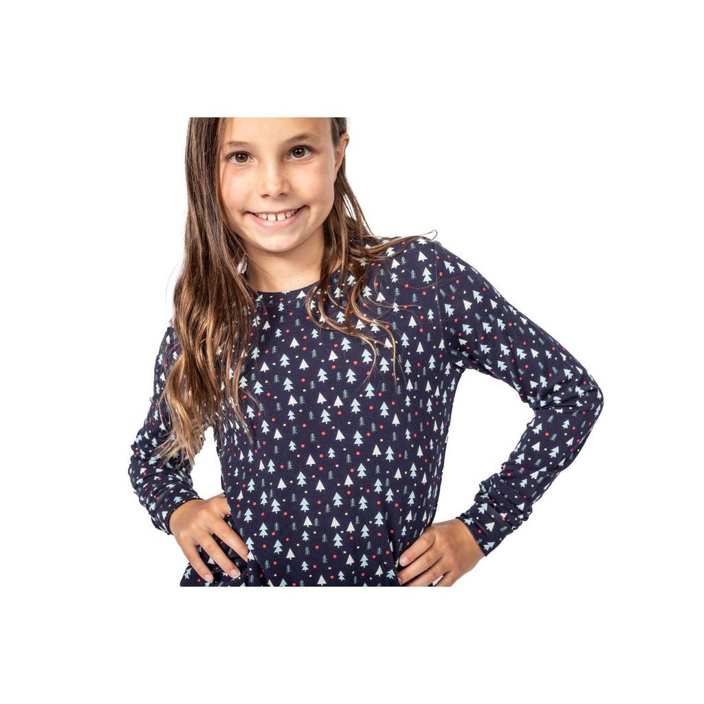 Girl wearing Midnight Pines Kids Bamboo PJs in navy, front view