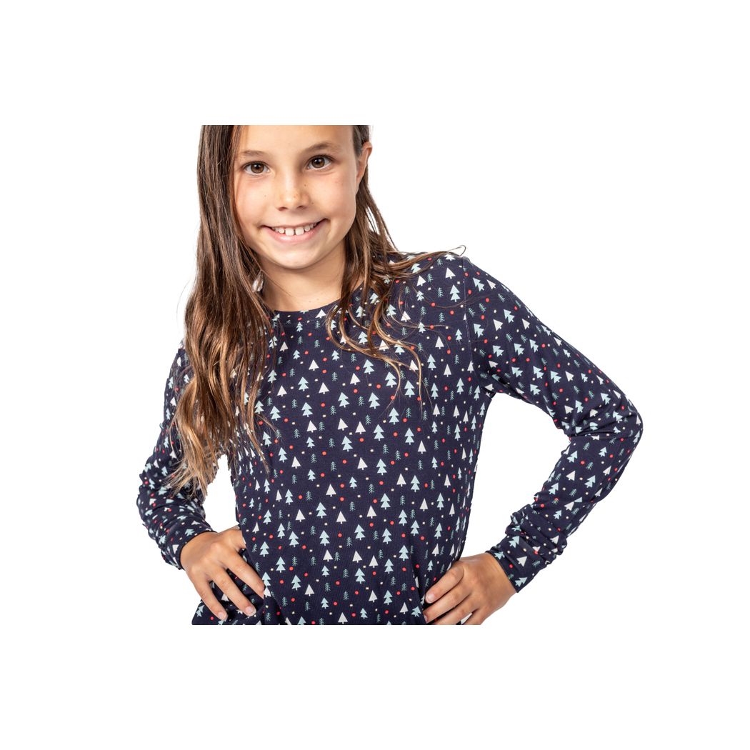 Girl wearing Midnight Pines Kids Bamboo PJs in navy, front view