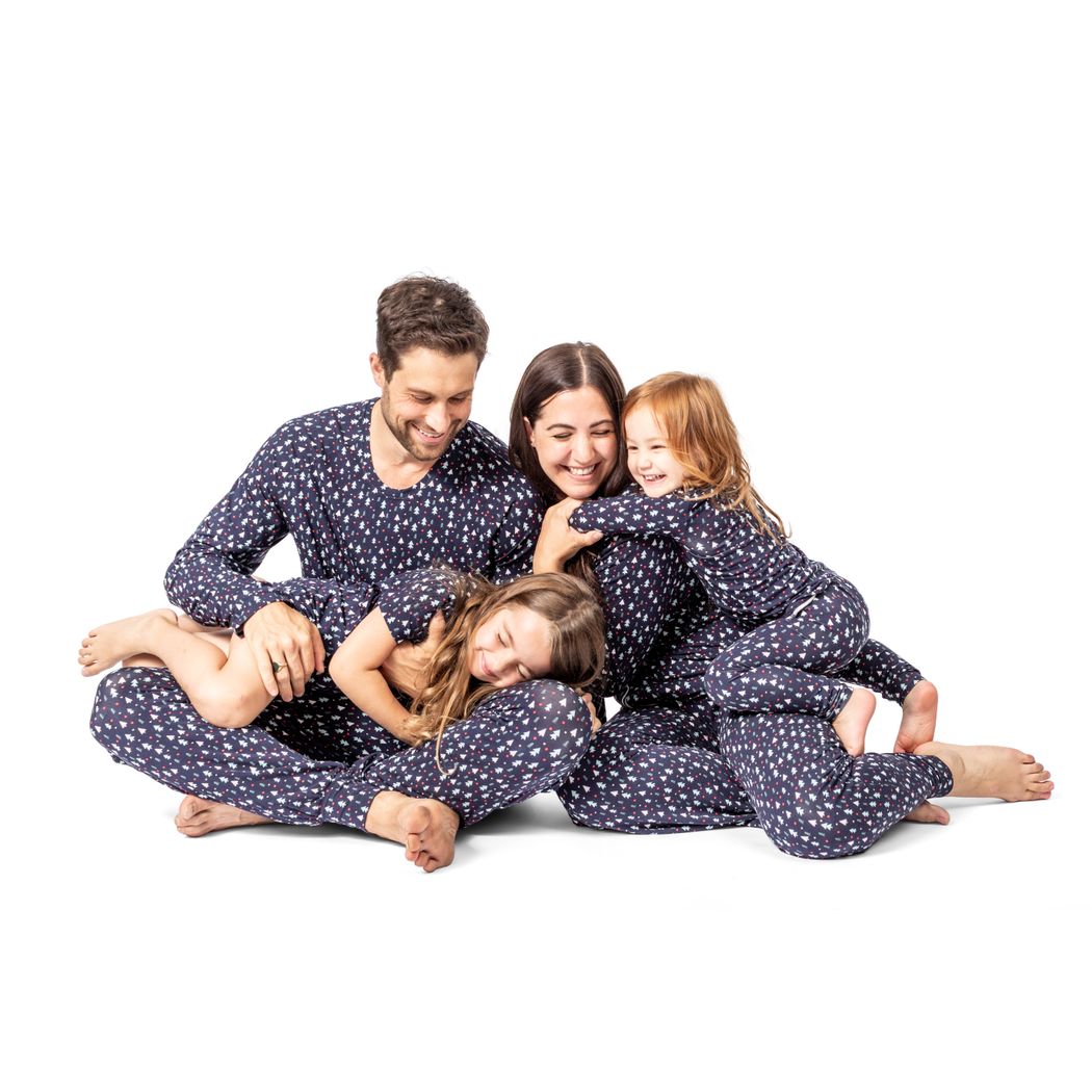 Family wearing matching Midnight Pines loungewear, including the Midnight Pines Men's Lounge Set