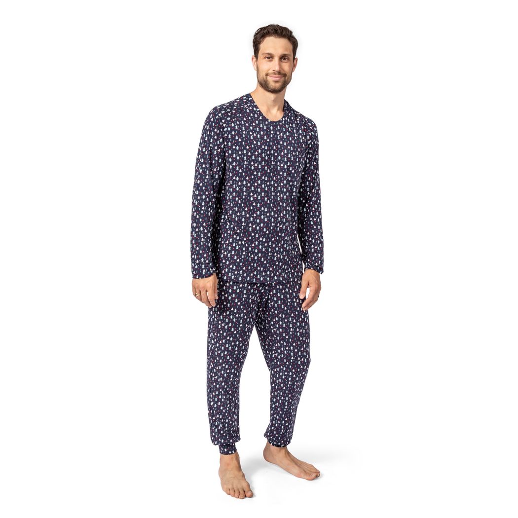Man wearing Midnight Pines Men's Lounge Set in navy, front view