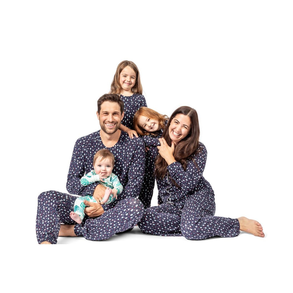 Family wearing matching Midnight Pines loungewear, including the Midnight Pines Women's Lounge Set