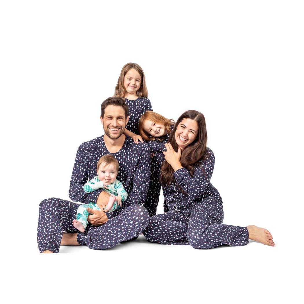 Family wearing matching Midnight Pines loungewear, including the Midnight Pines Women's Lounge Set