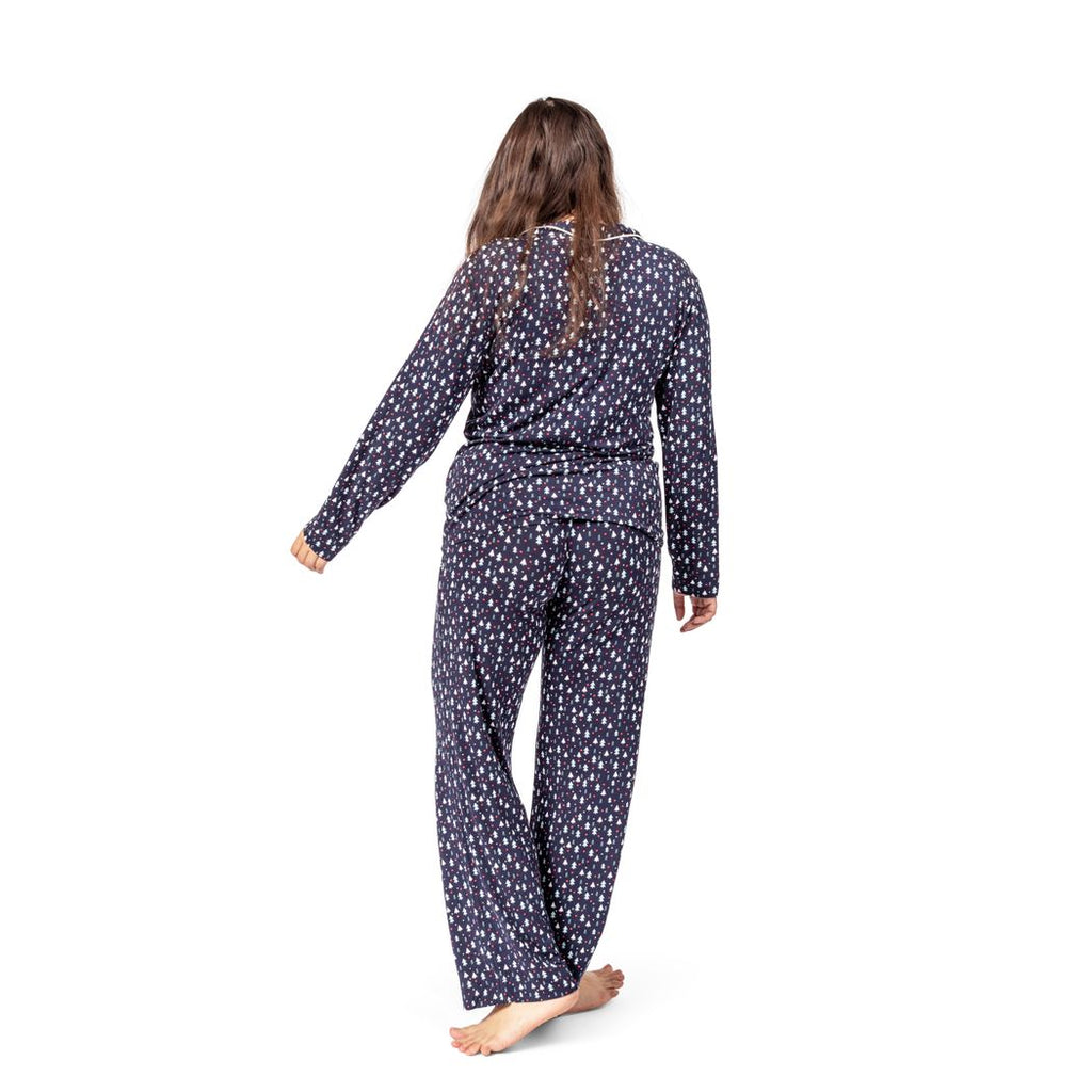 Woman wearing Midnight Pines Women's Lounge Set in navy, back view