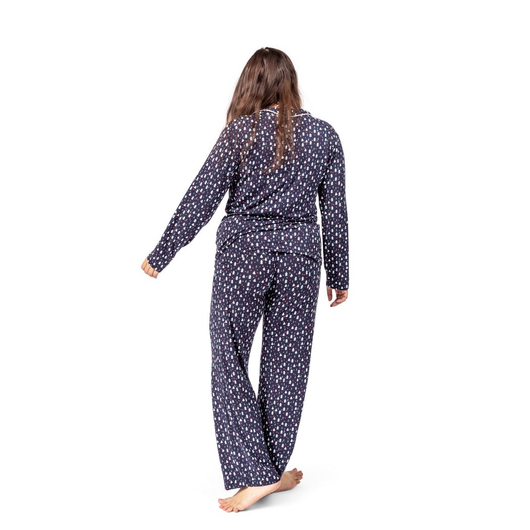 Woman wearing Midnight Pines Women's Lounge Set in navy, back view