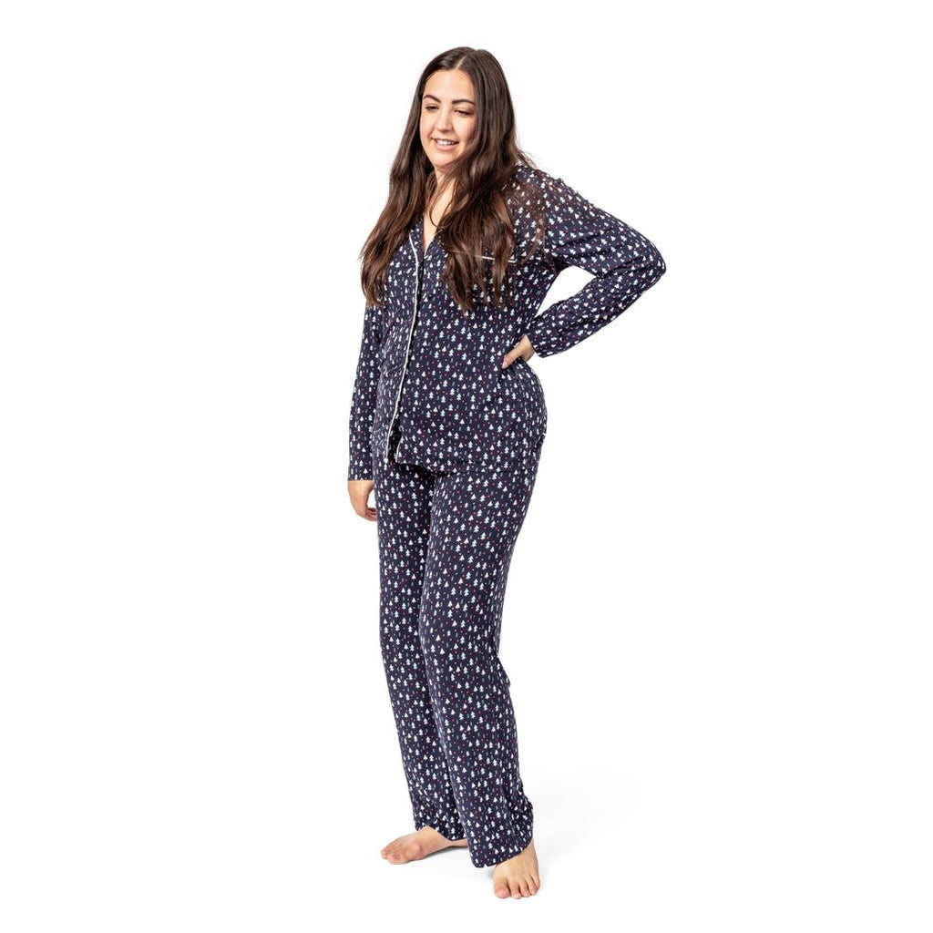 Woman wearing Midnight Pines Women's Lounge Set in navy, front view