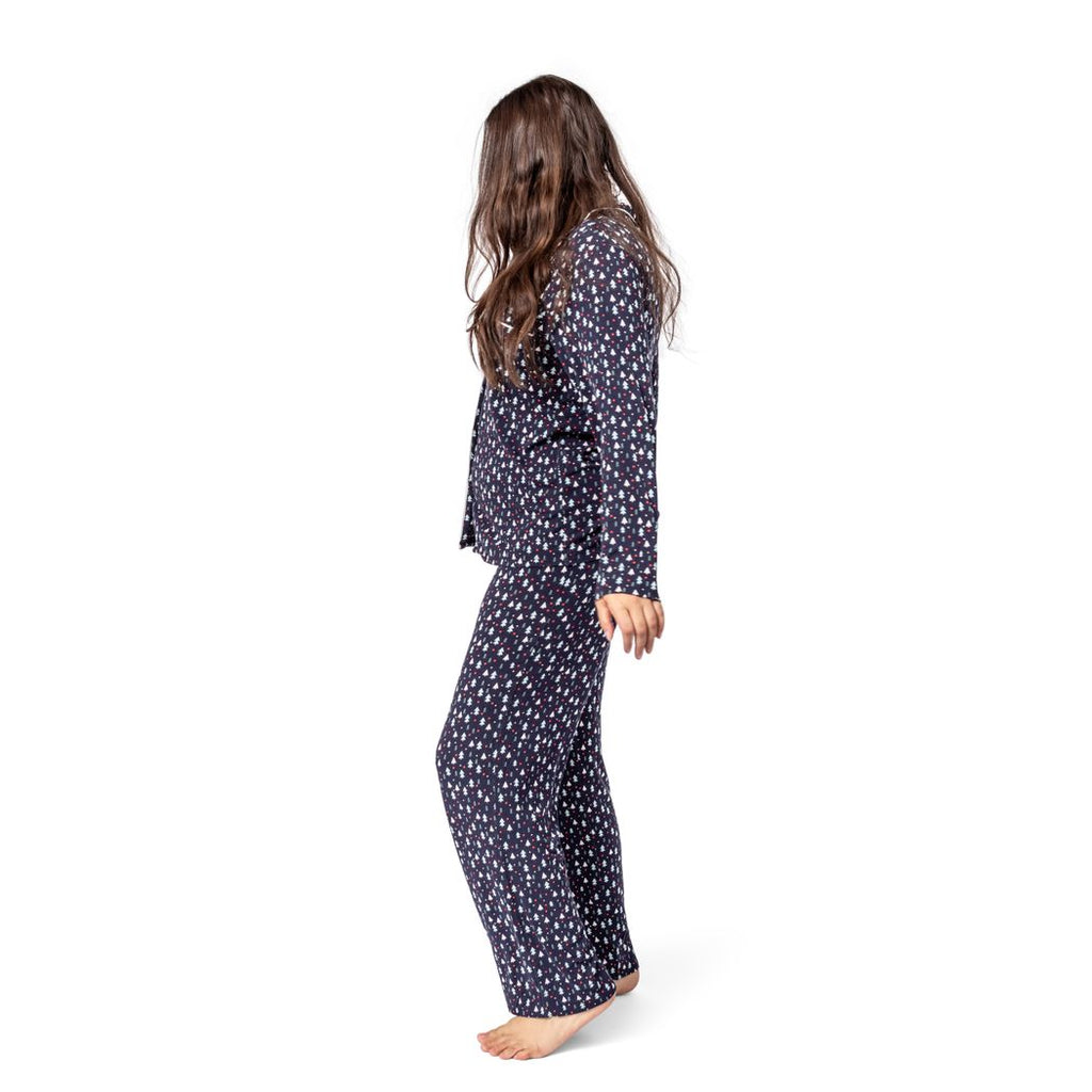 Woman wearing Midnight Pines Women and Teen Button-Down Lounge Set in navy, side view