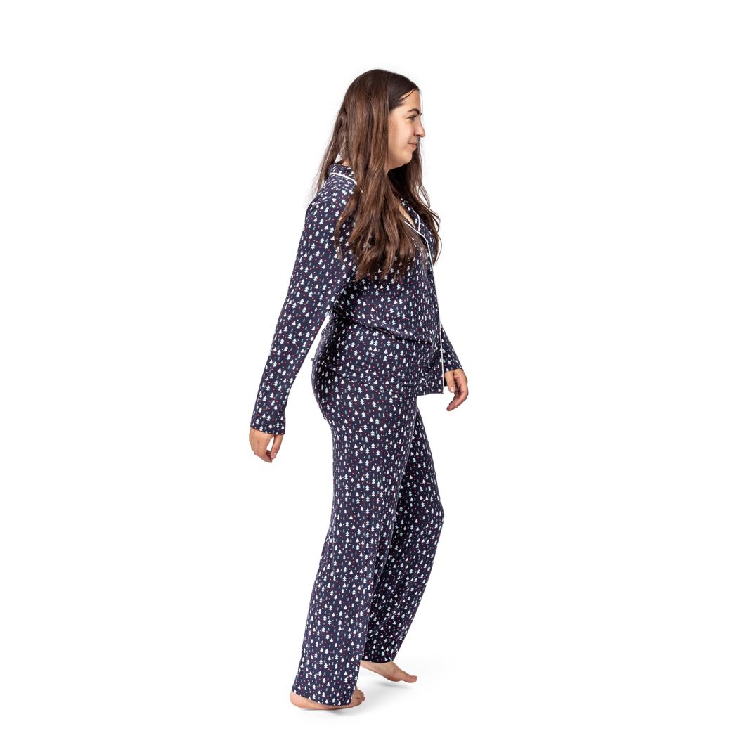 Woman wearing Midnight Pines Women and Teen Button-Down Lounge Set in navy, side view