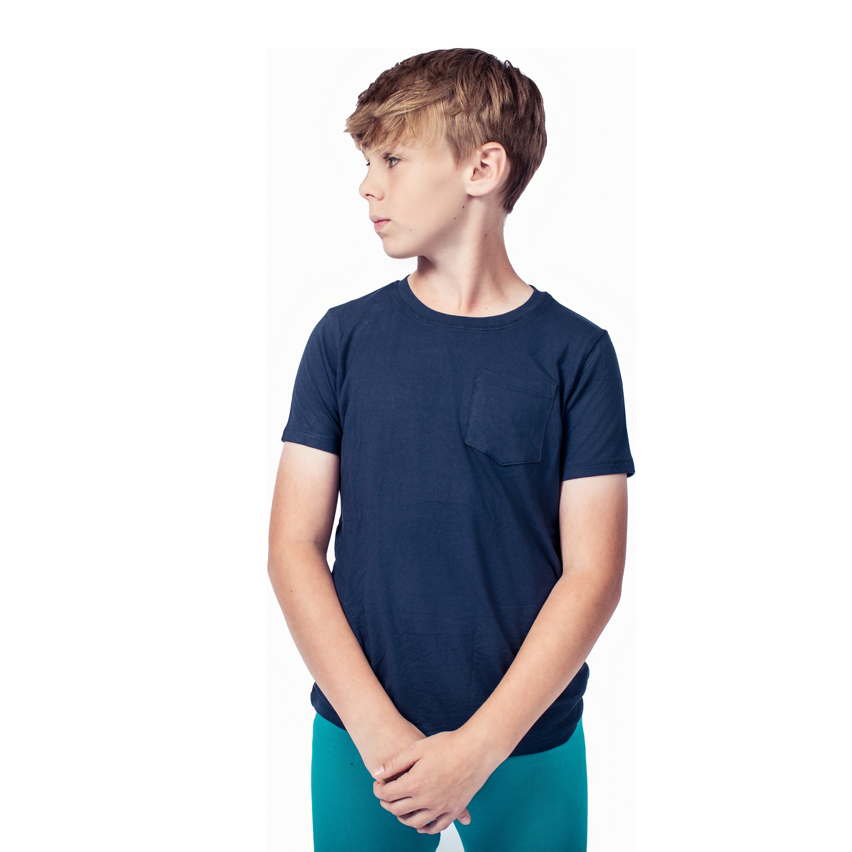 Boy wearing Midnight Kids T-Shirt in navy, front view