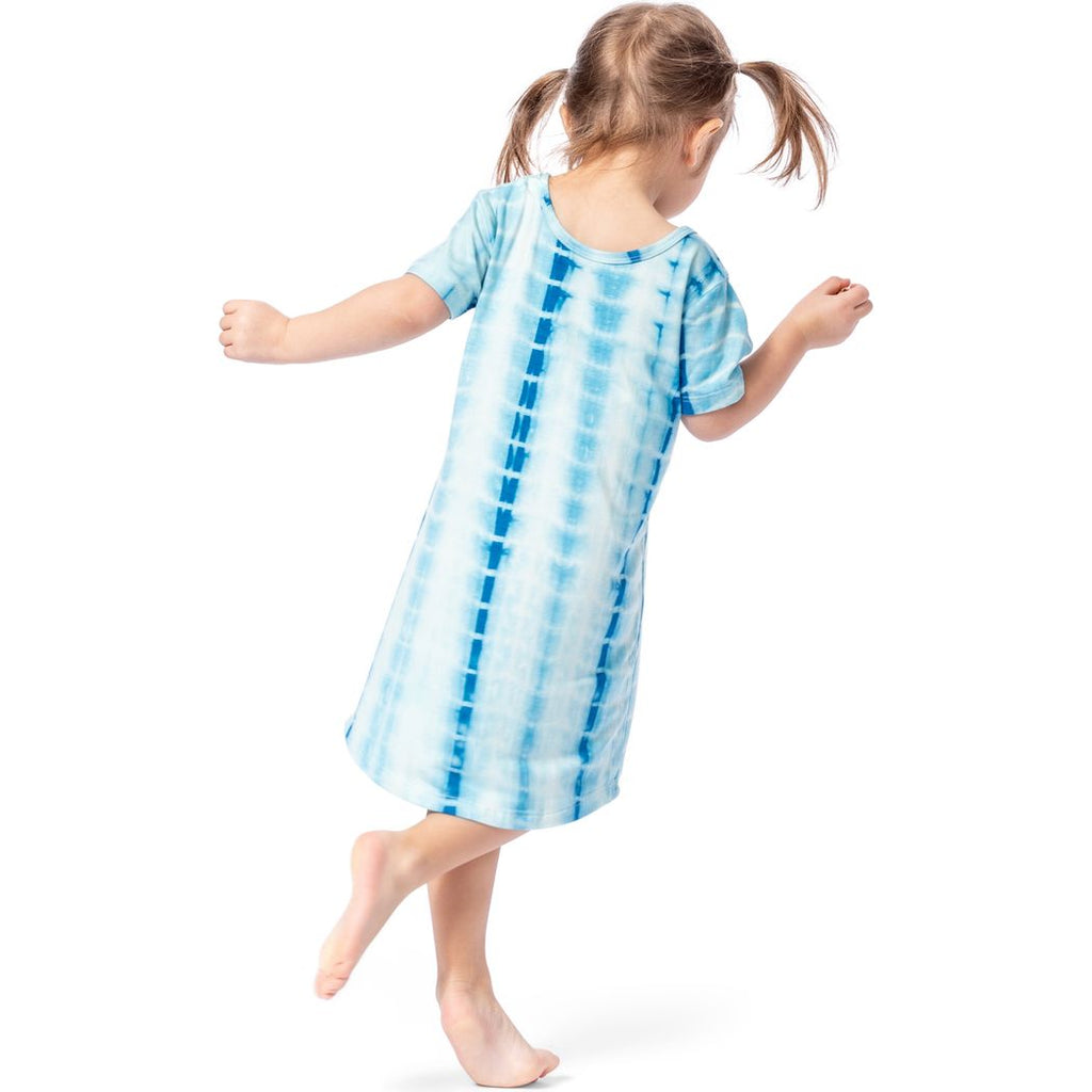 Toddler wearing Mykonos Kids Snuggle Dress in blue, back view