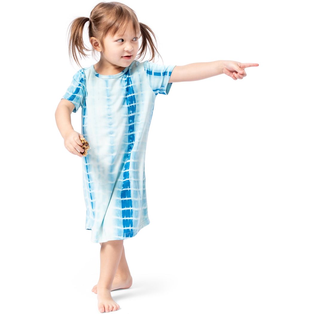 Toddler wearing Mykonos Kids Snuggle Dress in blue, front view