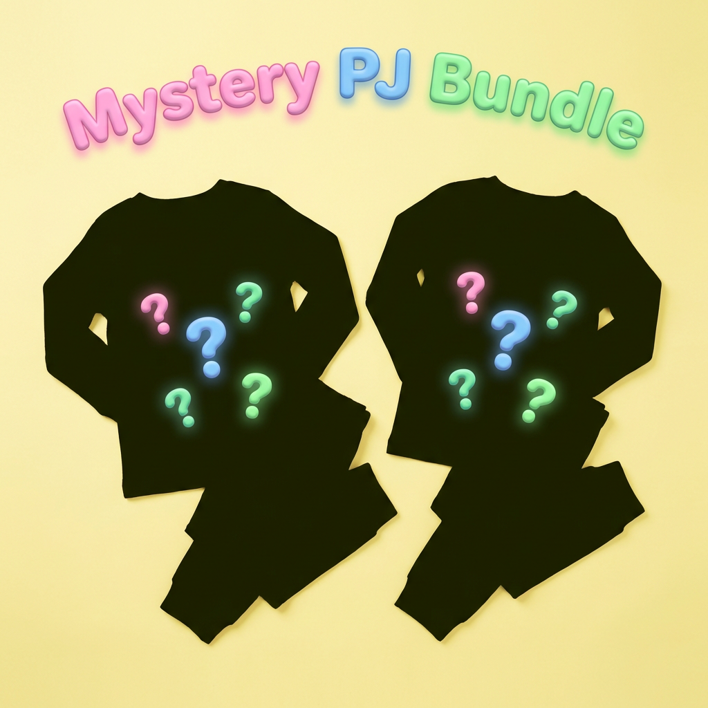 Mystery PJ Bundle graphic: two black pajama sets with glowing question marks on a pastel background