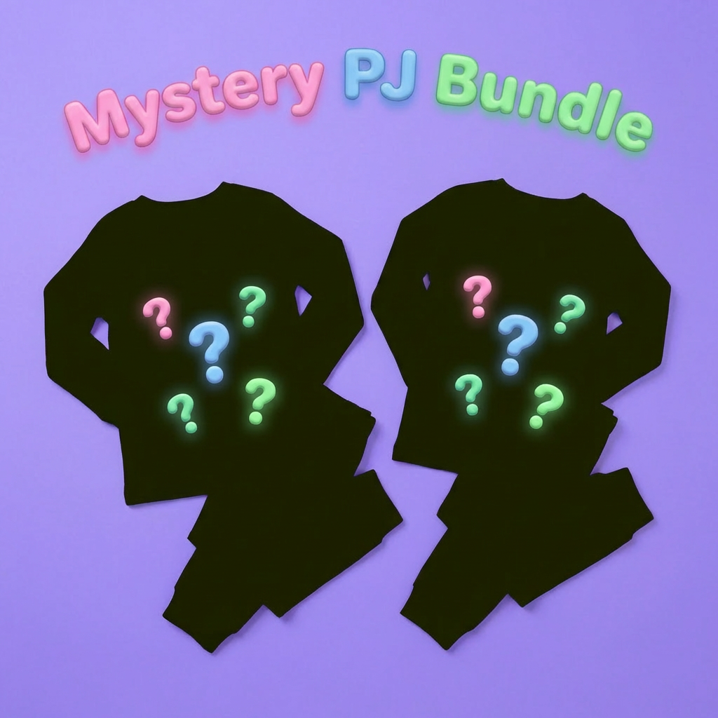 Mystery PJ Bundle graphic: two black pajama sets with glowing question marks on a pastel background