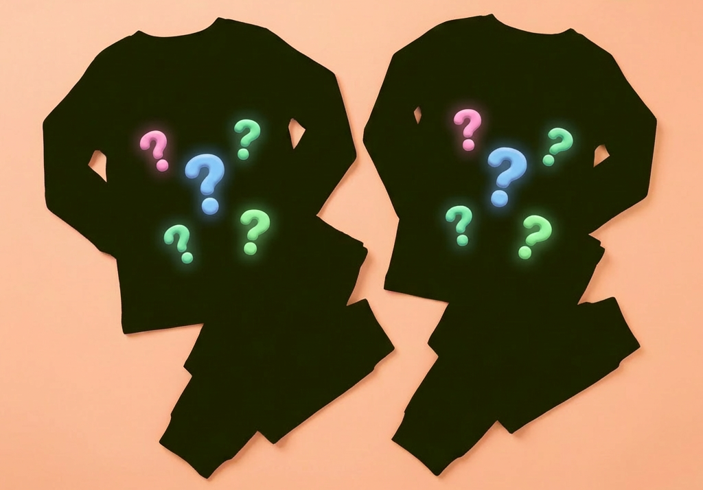 Black pajamas with colorful question marks on a peach background