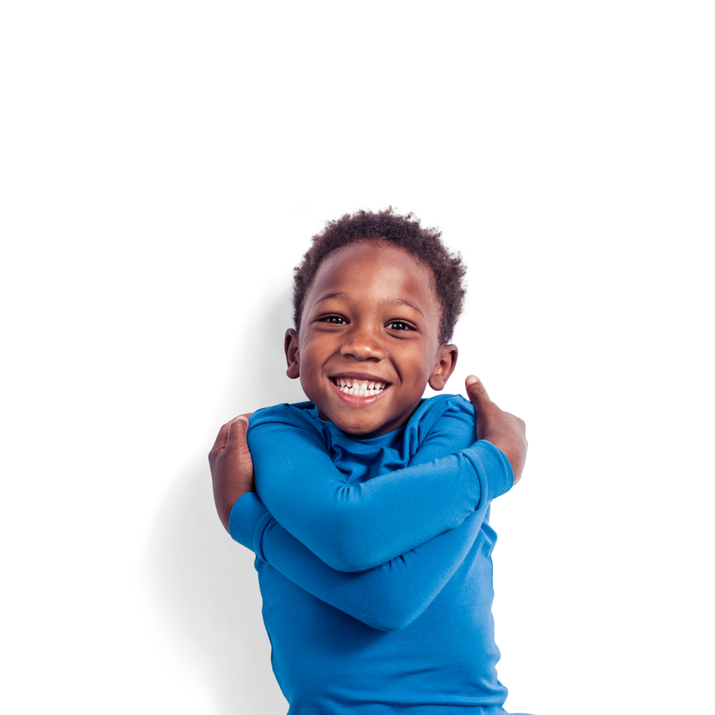 Close-up detail of boy wearing Nautical Kids Bamboo PJs in blue