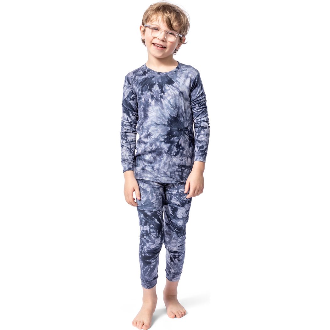 Boy wearing Navy Tie Dye Kids Bamboo PJs, front view