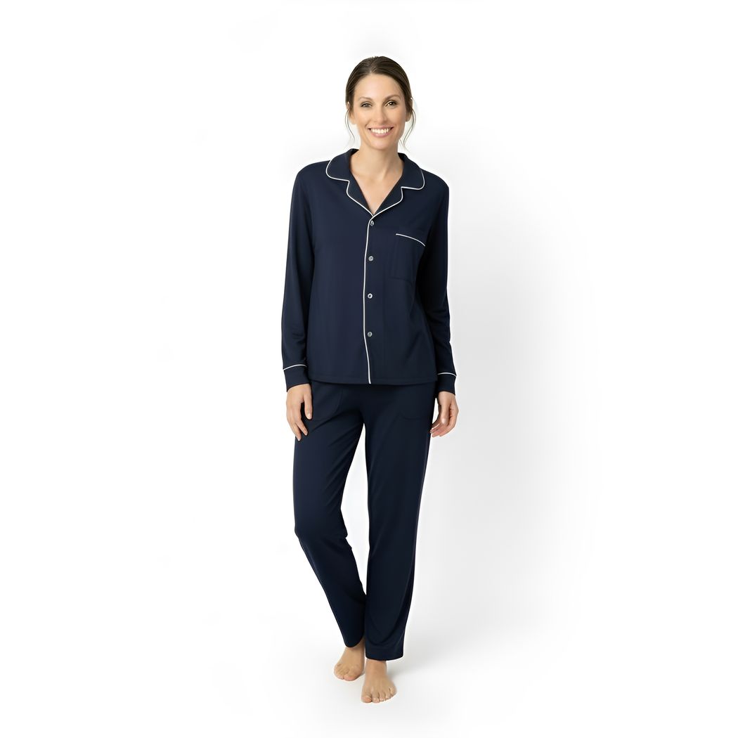 Woman wearing Navy Women and Teen Button-Down Lounge Set, front view
