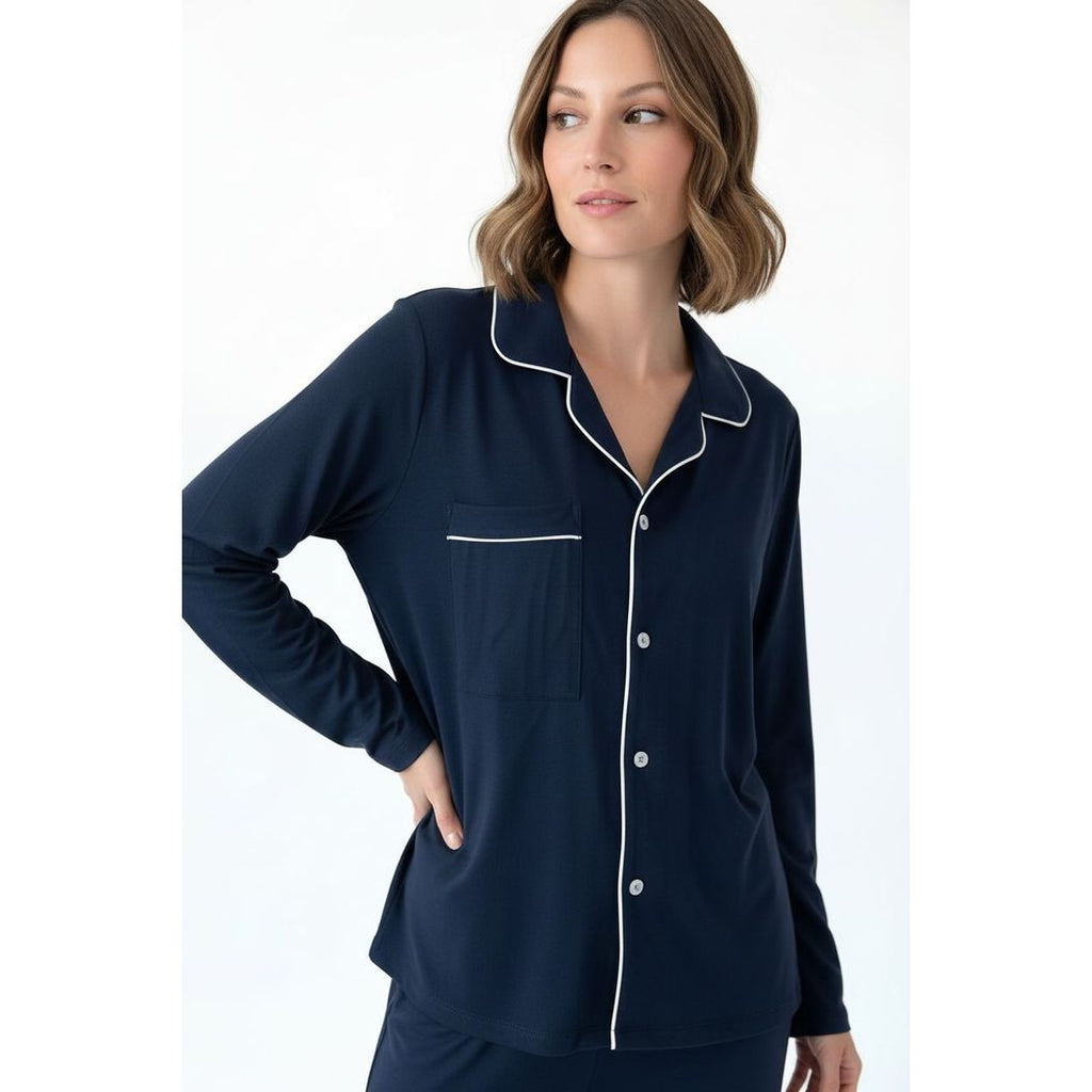 Woman wearing Navy Women and Teen Button-Down Lounge Set, front view