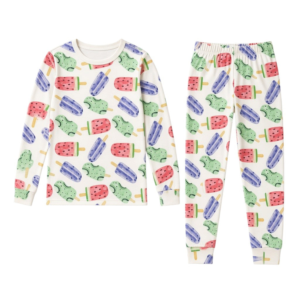 Popsicle Bamboo PJs in multicolor laid flat on a white background
