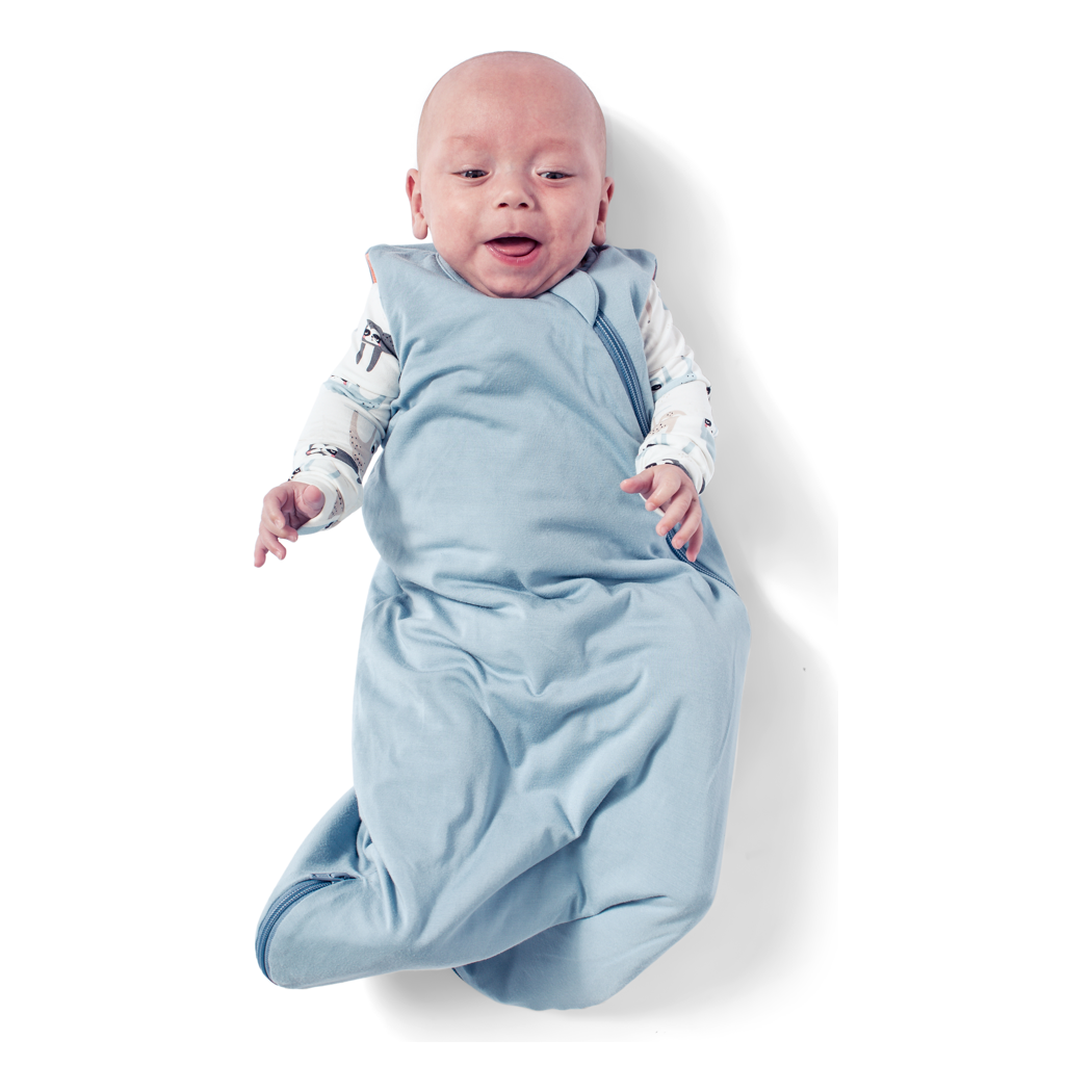 Baby wearing Rain Bamboo Sleepsack in blue, front view