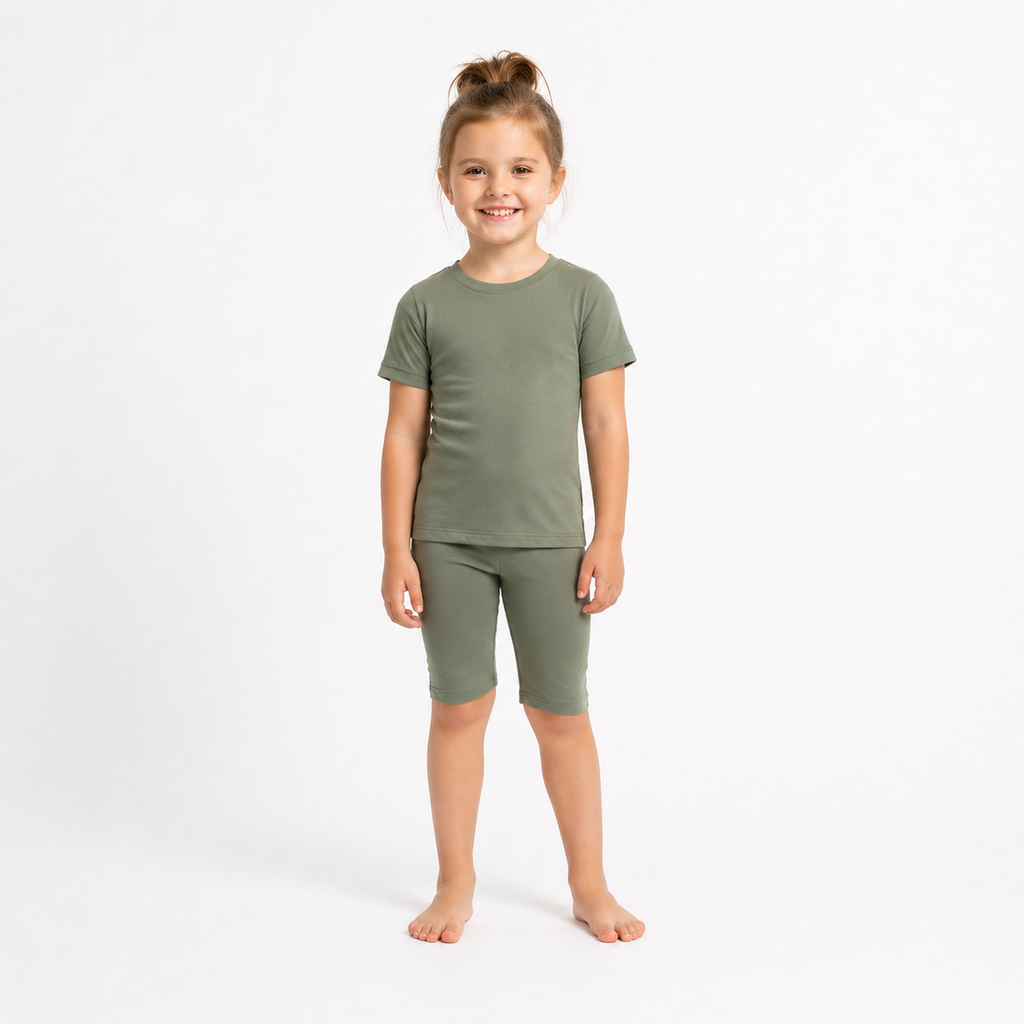 Young girl wearing a green t-shirt and shorts set on a white background