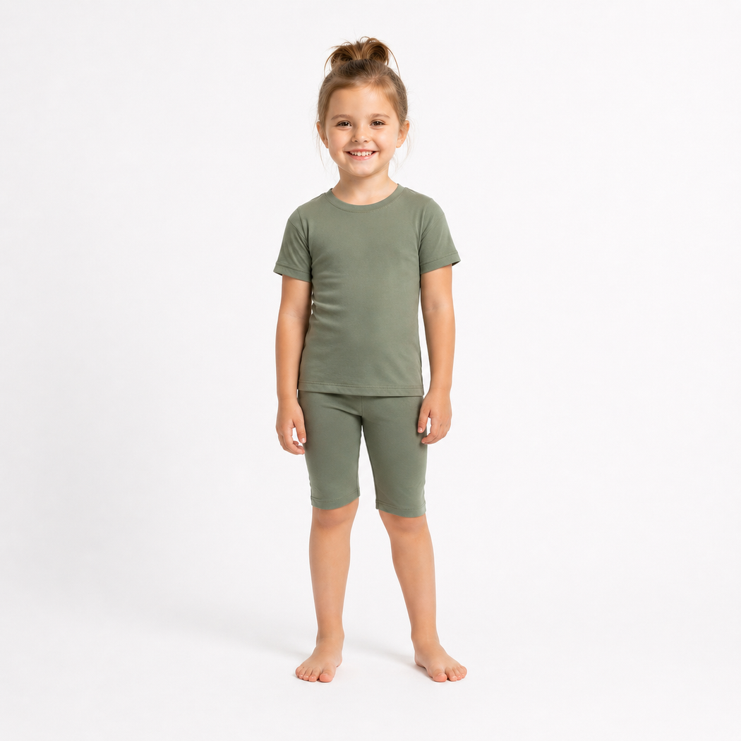 Young girl wearing a green t-shirt and shorts set on a white background