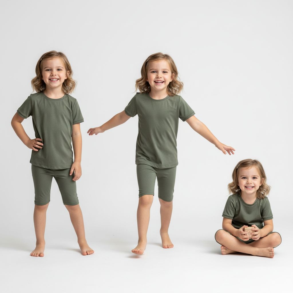 Three children wearing matching green outfits on a white background