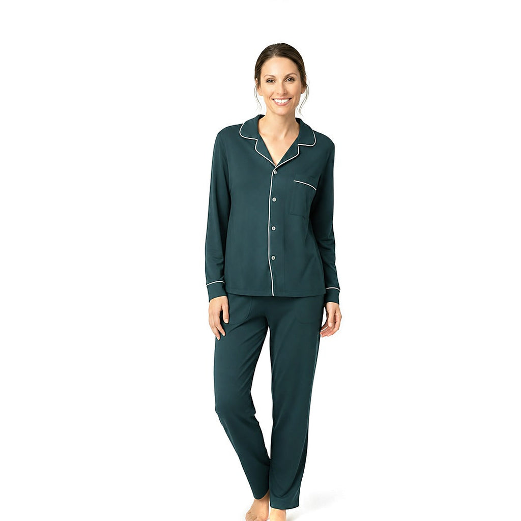 Woman wearing the Sea Moss Women's Button Down Lounge Set in dark green with white piping, front view