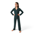 Teen girl wearing the Sea Moss Women's Button Down Lounge Set in dark green with white piping, front view