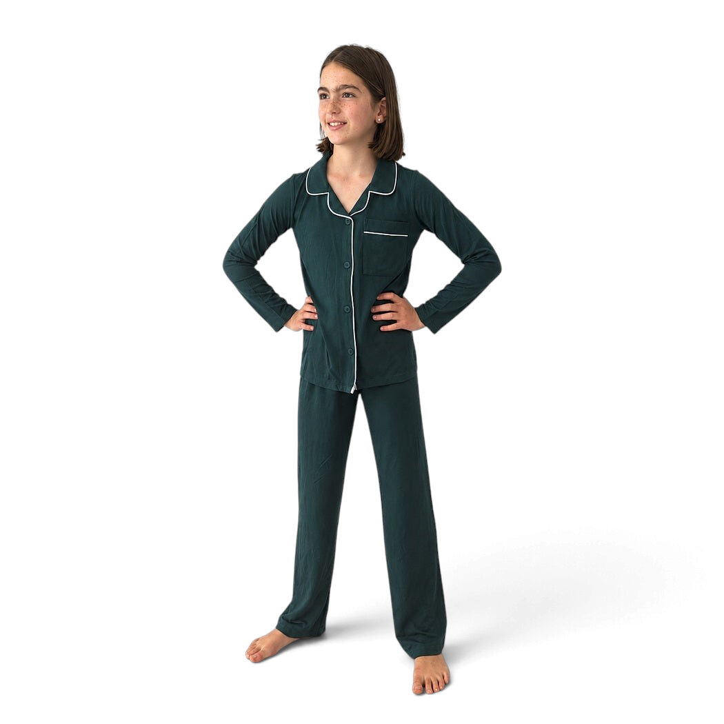 Teen girl wearing the Sea Moss Women's Button Down Lounge Set in dark green with white piping, front view