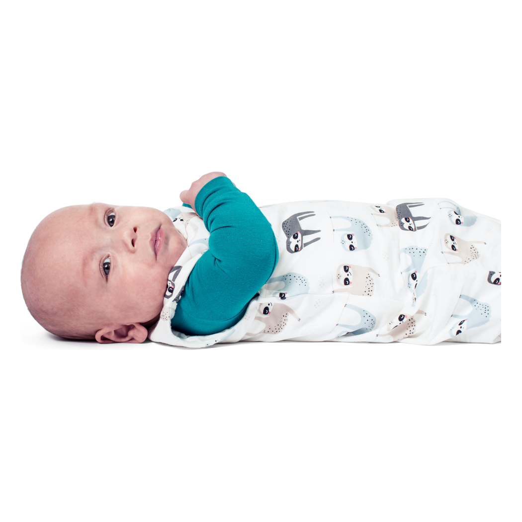 Baby wearing Sloth Bamboo Sleepsack in neutral tones, front view