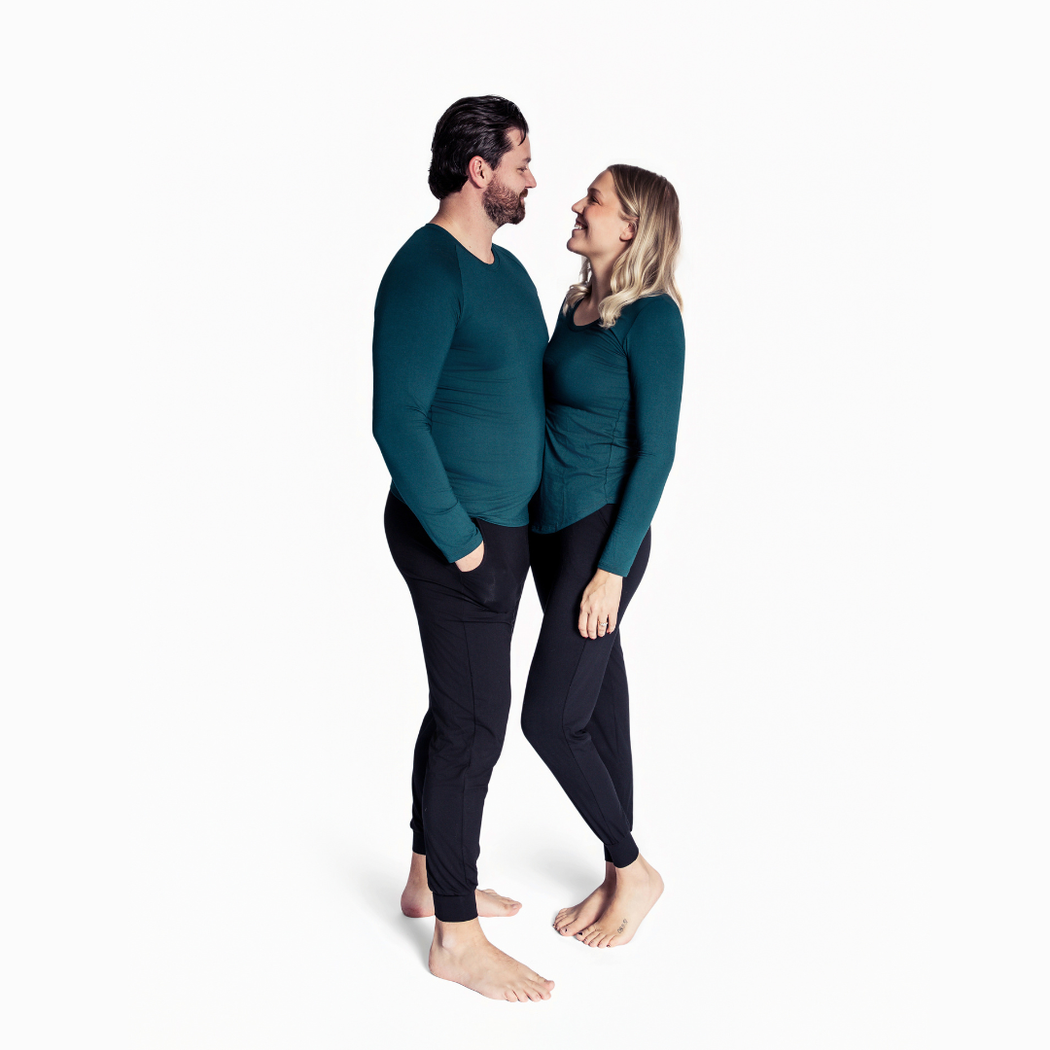 Family wearing matching Spruce loungewear, including the Spruce Womens Long Sleeve Pant Set