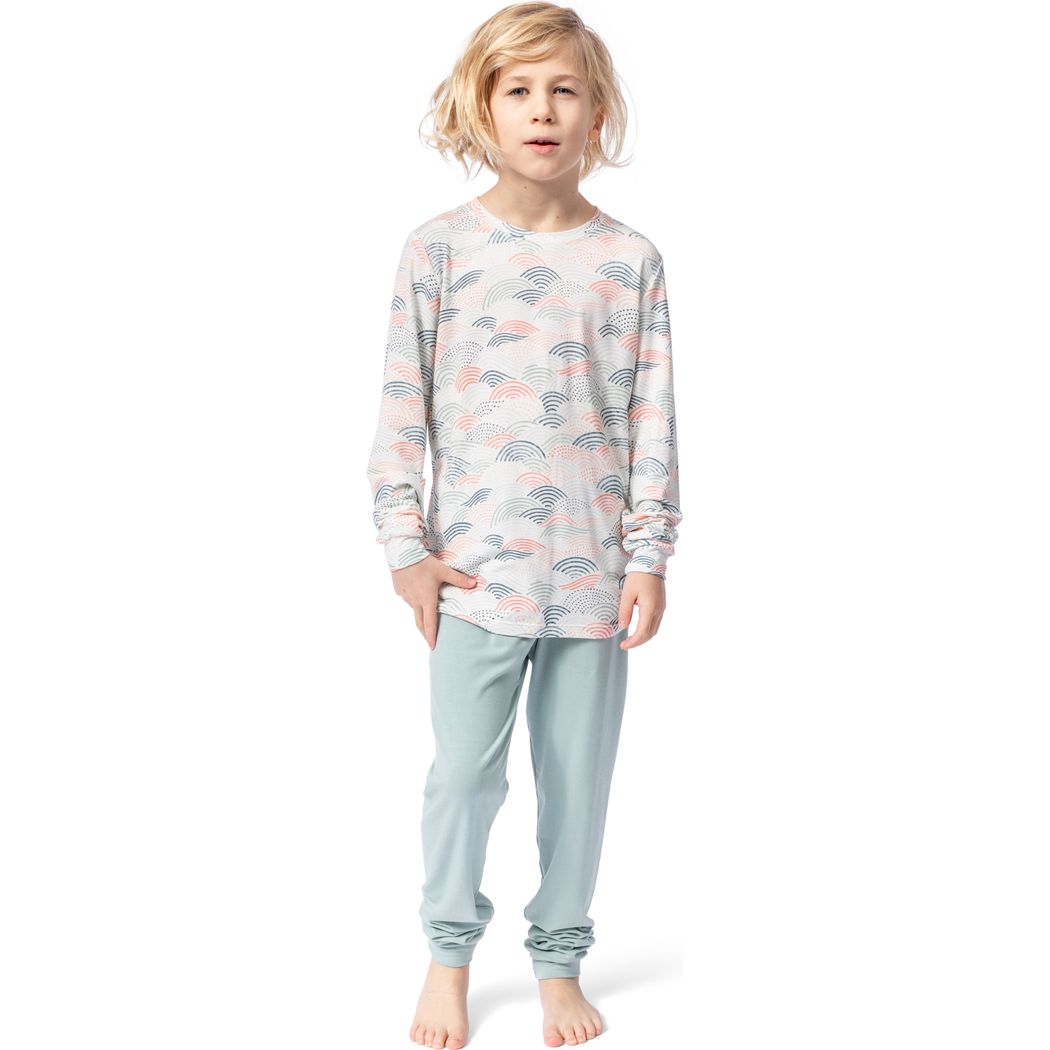 Boy wearing Summer Breeze Mint Kids Bamboo PJs, front view